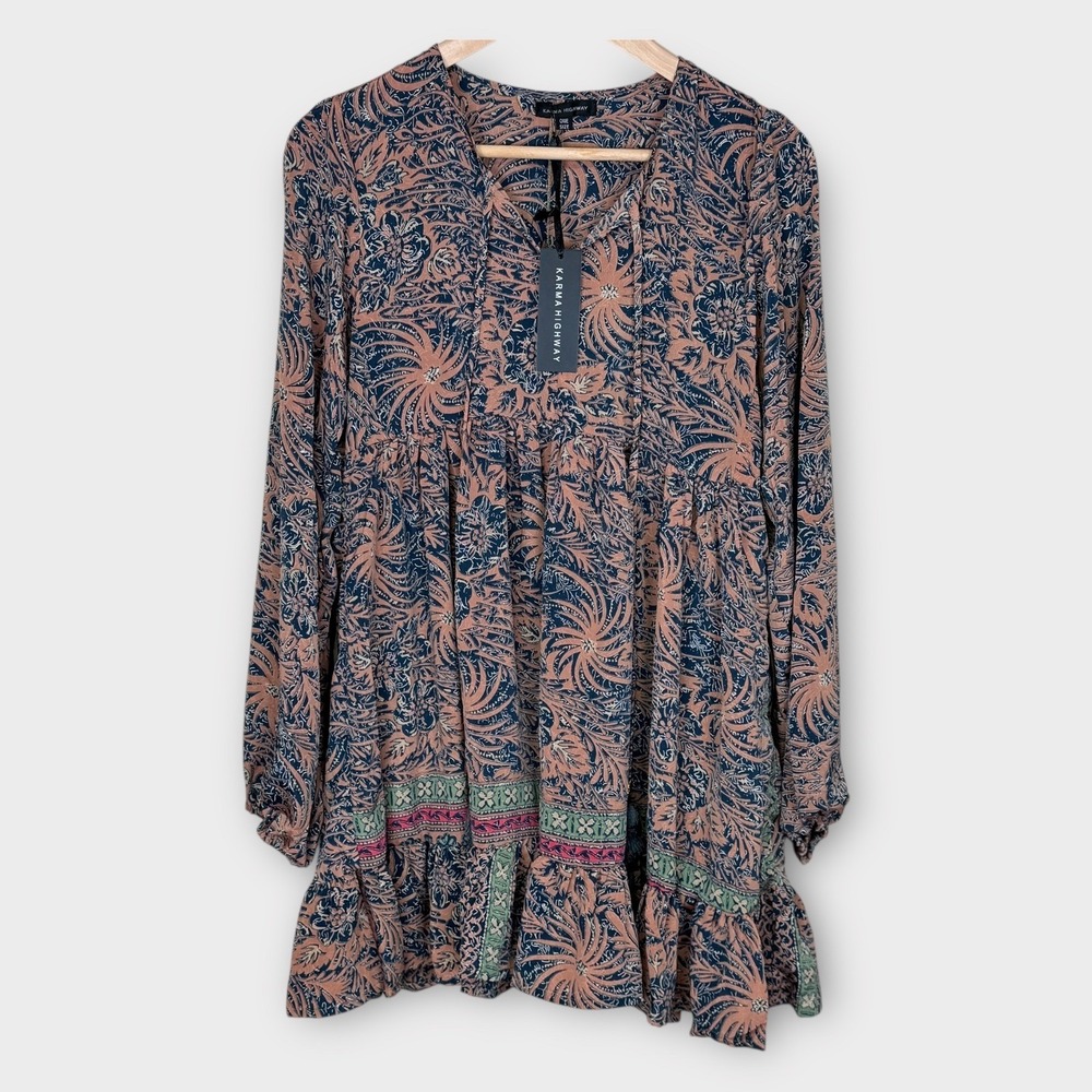 Karma Highway Babydoll Dress Womens One Size Blue Pink New Floral Paisley Boho - Picture 2 of 11